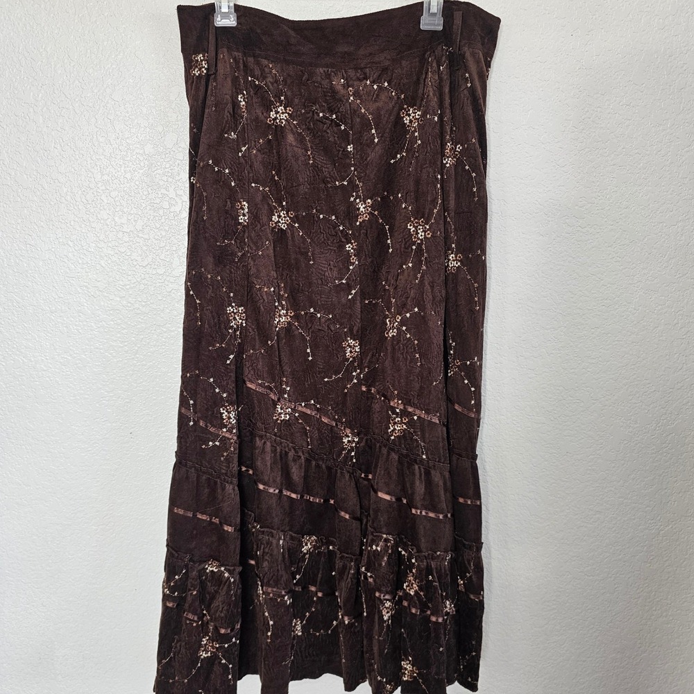 Vanny USA Brown Faux Suede Floral Embroidered Tiered Maxi Skirt Large Boho Retro - Picture 6 of 9